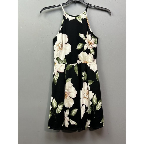 Monteau Dress Womens Small Black Floral Fit & Flare Skater Halter Stretch Mini - Picture 1 of 6